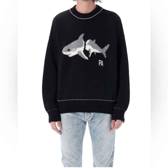 Palm Angels Men's Size Med Shark Intarsia-Knitted Black Crewneck